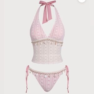 NWT Pink Crochet Lace Shell Tankini Set